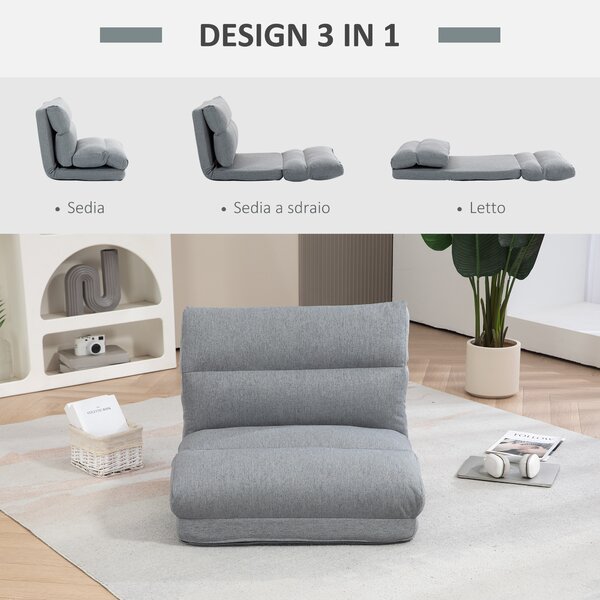 HOMCOM Poltrona da Terra Pieghevole 3 in 1 Trasformabile in Chaise Longue e Letto, in Tessuto Effetto Lino, Grigio | Aosom Italy