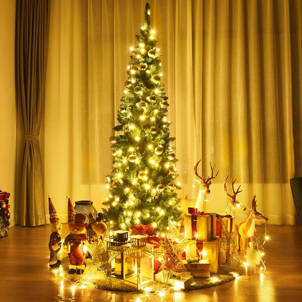 Costway Albero di Natale 200cm 708 rami, Abete artificiale innevato con base solida di metallo e luci LED