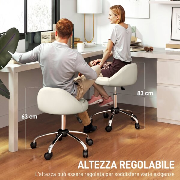 HOMCOM Sgabello con Ruote, Seduta Girevole, Altezza Regolabile e Rivestimento in Finta Pelle PU, Bianco | Aosom Italy