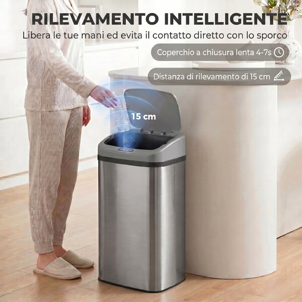 HOMCOM Pattumiera con Sensore da 48L a Chiusura Morbida, Superficie Anti-impronte, in Acciaio Inox, Argento | Aosom Italy