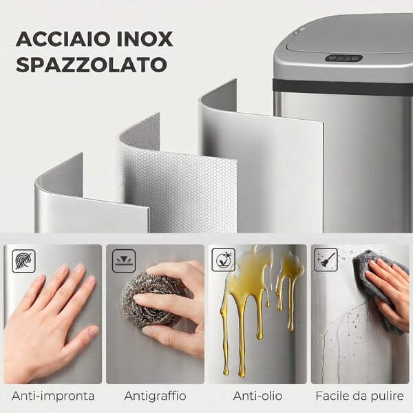 HOMCOM Pattumiera con Sensore da 48L a Chiusura Morbida, Superficie Anti-impronte, in Acciaio Inox, Argento | Aosom Italy