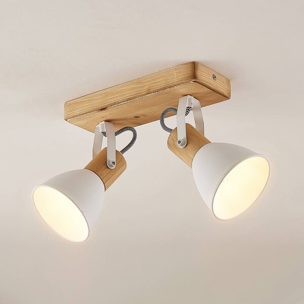 Lindby faretto da soffitto Merela, bianco, 28 cm, a 2 luci, legno, E14 Merela Lindby, dimmerabile, Legno chiaro, Soggiorno / Sala da pranzo, Legno, Scandinavo, Faretto