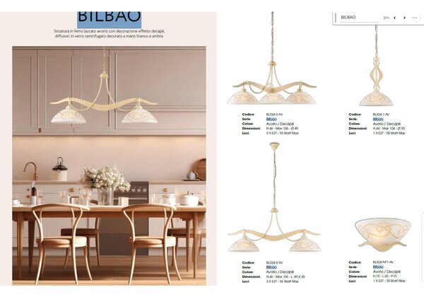 Lampadario in ferro laccato avorio BILBAO con decorazione effetto decap� Diffusore in Vetro �30 cm, 1 x E27 - 55 Watt Max, Dimensioni 44x30x h 46 cm - Max 104 cm Nero / Ruggine