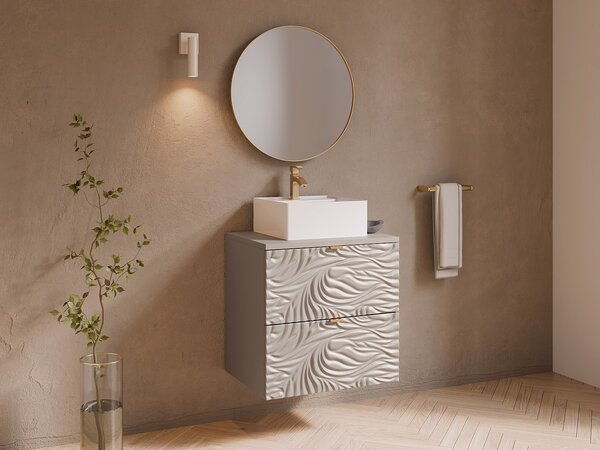 Mobile bagno sospeso testurizzato con lavabo da appoggio quadrato Beige 60 cm - RINAREL