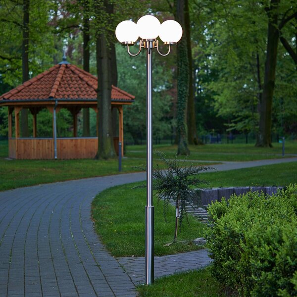 Lindby lampada da esterno Samuel, 218 cm, a 3 luci, sfera, E27, IP44 Samuel Lindby, dimmerabile, Alluminio / Grigio / Zincato, Acciaio Inox, Moderno