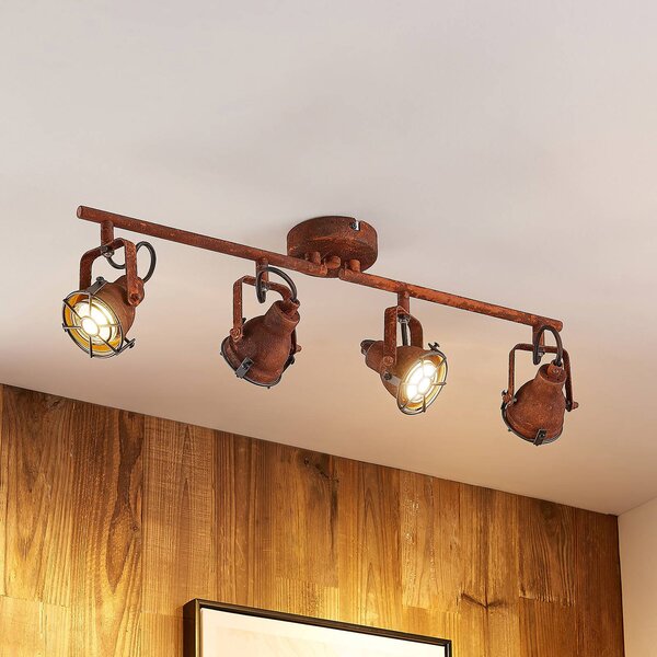 Lindby, faretto da soffitto Scabra, 63 cm, marrone ruggine, a 4 luci, metallo Scabra dimmerabile, Marrone / Ruggine, Soggiorno / Sala da pranzo, Metallo, Industriale, Faretto
