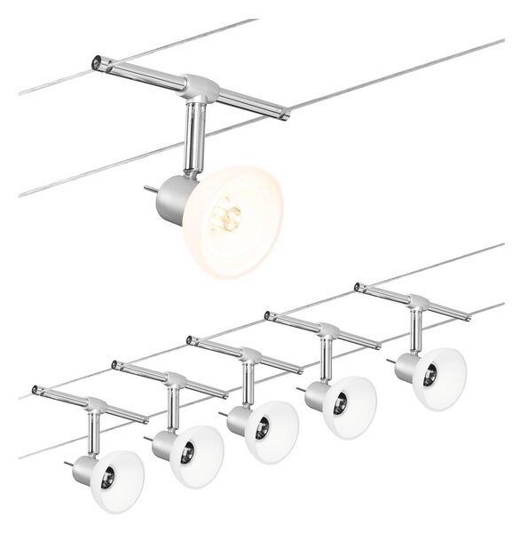 Paulmann Sheela sistema funi 5 luci cromo satinato Sheela, dimmerabile, Alluminio / Grigio / Zincato, Corridoio, Metallo, Moderno, Sistema di illuminazione a funi
