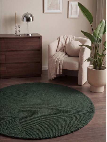 Tappeto rotondo verde scuro in lana tessuto a mano ø 150 cm Calmio – Hanse Home