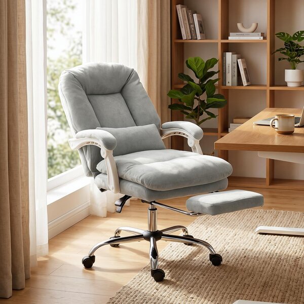HOMCOM Sedia da Ufficio Ergonomica, Poltrona Reclinabile in Velluto con Supporto Lombare, Altezza Regolabile, Grigio Chiaro | Aosom Italy