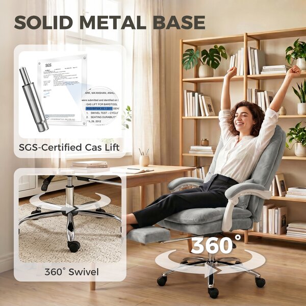 HOMCOM Sedia da Ufficio Ergonomica, Poltrona Reclinabile in Velluto con Supporto Lombare, Altezza Regolabile, Grigio Chiaro | Aosom Italy