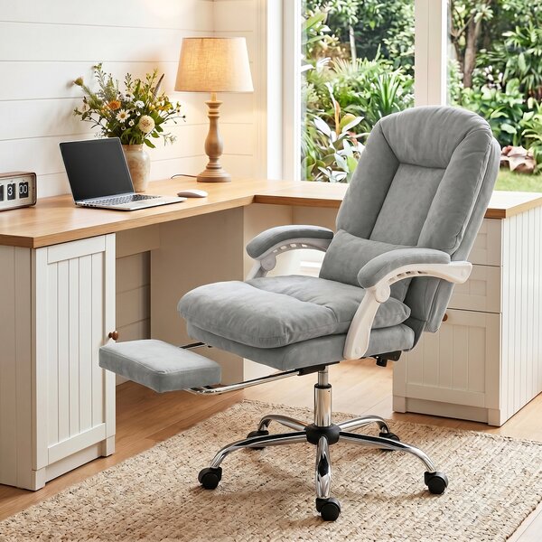 HOMCOM Sedia da Ufficio Ergonomica, Poltrona Reclinabile in Velluto con Supporto Lombare, Altezza Regolabile, Grigio Chiaro | Aosom Italy
