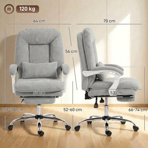 HOMCOM Sedia da Ufficio Ergonomica, Poltrona Reclinabile in Velluto con Supporto Lombare, Altezza Regolabile, Grigio Chiaro | Aosom Italy