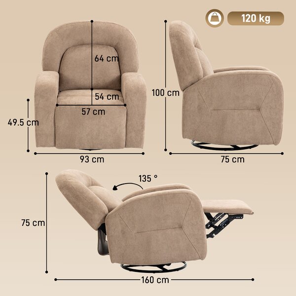 HOMCOM Poltrona Relax Girevole 360° con Funzione Dondolo e Reclinabile, Seduta Ampia, in Velluto Ultra Morbido Cloud, Kaki | Aosom Italy