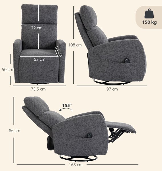 HOMCOM Poltrona Relax Massaggiante in Chenille con Funzione Riscaldante, Rotazione 360°, Meccanismo Oscillante, Regolazione Manuale, Grigio Scuro | Aosom Italy