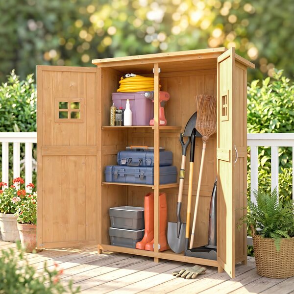 Outsunny Capanno Attrezzi Legno con Porta Doppia, Casetta da Giardino con Mensole e Finestre, 127.5x50x164 cm, Naturale | Aosom Italy