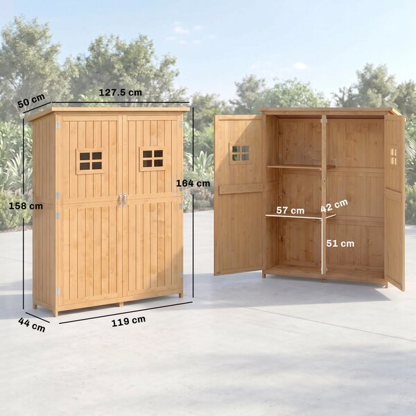 Outsunny Capanno Attrezzi Legno con Porta Doppia, Casetta da Giardino con Mensole e Finestre, 127.5x50x164 cm, Naturale | Aosom Italy