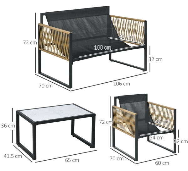 Outsunny Set da Giardino 4 Pezzi in Rattan con Divanetto, 2 Sedie e Tavolino da Caffè, Nero, Marrone e Crema