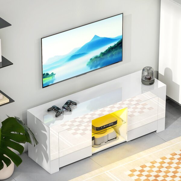 HOMCOM Mobile TV con Illuminazione LED, 2 Porte Armadio, Ripiano in Vetro, Passacavi, per Soggiorno, Truciolato, Bianco | Aosom Italy
