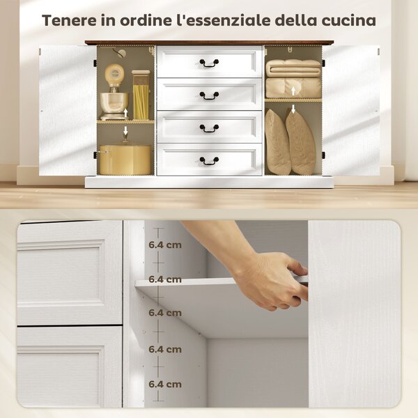 HOMCOM Credenza da Cucina Stile Vintage con 4 Cassetti e 2 Armadietti con Mensole Regolabili, 147x40x87, Legno Bianco | Aosom Italy