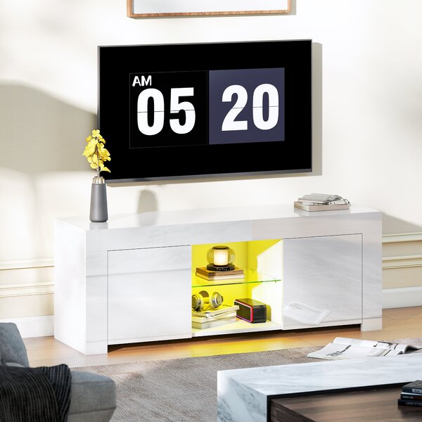 HOMCOM Mobile TV con Illuminazione LED, 2 Porte Armadio, Ripiano in Vetro, Passacavi, per Soggiorno, Truciolato, Bianco | Aosom Italy