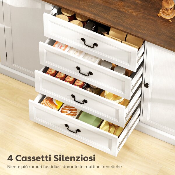 HOMCOM Credenza da Cucina Stile Vintage con 4 Cassetti e 2 Armadietti con Mensole Regolabili, 147x40x87, Legno Bianco | Aosom Italy