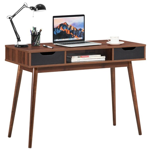 Costway Scrivania per computer con gambe di legno, Postazione di lavoro alla moda con 2 cassetti e ripiano aperto Noce