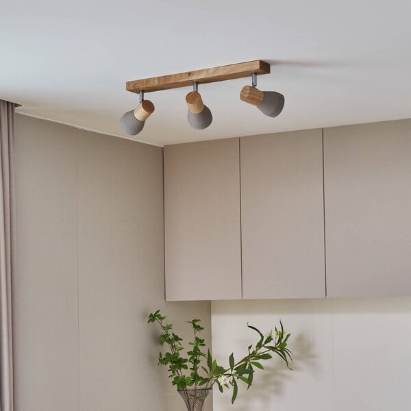 Faretto Lindby Filiz a 3 luci, lunghezza 47 cm, legno, cemento, E14 Lindby, dimmerabile, Alluminio / Grigio / Zincato, Camera da letto, calcestruzzo / cemento, Scandinavo, Faretto