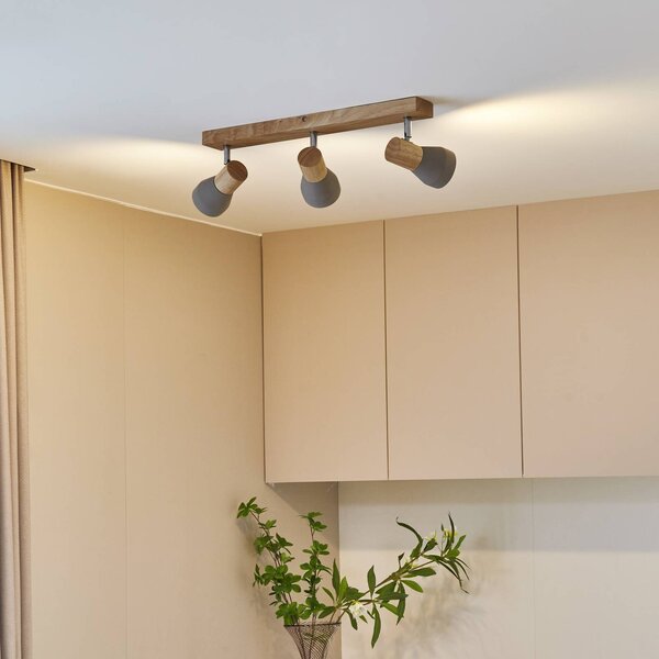 Faretto Lindby Filiz a 3 luci, lunghezza 47 cm, legno, cemento, E14 Lindby, dimmerabile, Alluminio / Grigio / Zincato, Camera da letto, calcestruzzo / cemento, Scandinavo, Faretto