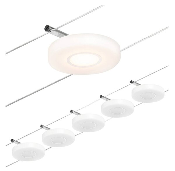 Paulmann Wire DiscLED Sistema di illuminazione LED a funi, 5 luci, Bianco / Opale, Corridoio, Plastica, Moderno, Sistema di illuminazione a funi