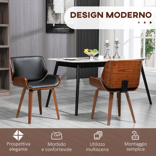 HOMCOM Set di 2 Sedie da Pranzo Stile Vintage Imbottite in Legno e Finta Pelle PU, Nero e Legno | Aosom Italy