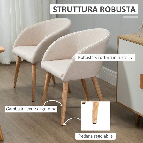 HOMCOM Set di 2 Sedie da Pranzo Stile Scandinavo Imbottite in Tessuto, 55x56x74 cm, Beige | Aosom Italy
