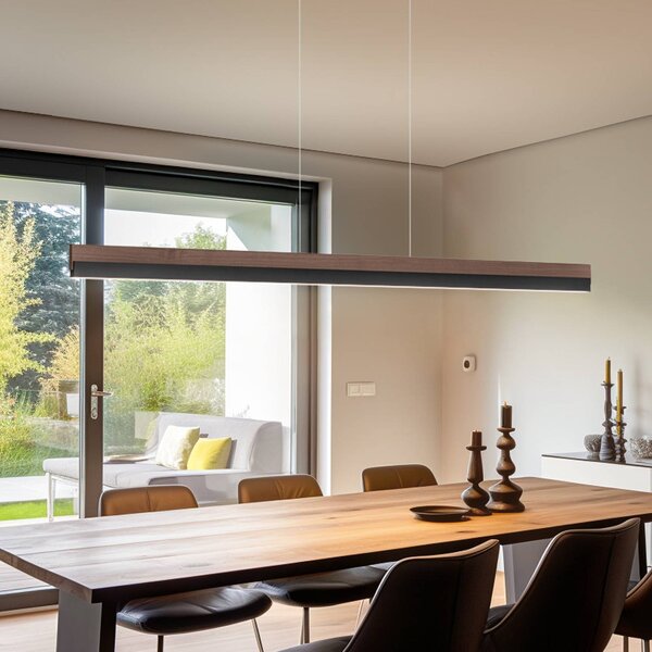 Lampada a sospensione Quitani LED Keijo, nero/noce, lunghezza 143 cm Keijo Quitani, dimmerabile, Legno scuro, Soggiorno / Sala da pranzo, Legno, Campagna / Rustiche