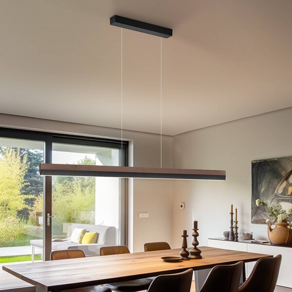 Lampada a sospensione Quitani LED Keijo, nero/noce, lunghezza 143 cm Keijo Quitani, dimmerabile, Legno scuro, Soggiorno / Sala da pranzo, Legno, Campagna / Rustiche