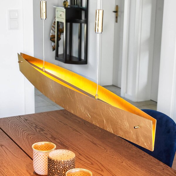 Lampada a sospensione Quitani LED Malu, oro, lunghezza 100 cm Malu Quitani, dimmerabile, Ottone / Oro, Soggiorno / Sala da pranzo, Alluminio, Moderno