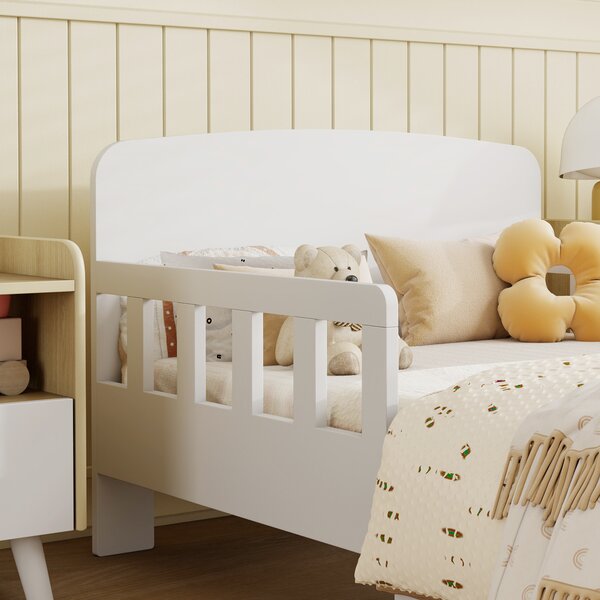 AIYAPLAY Letto per bambini con sponda anticaduta e rete a doghe, 3-8 anni, 70x140 cm, Bianco | Aosom Italy