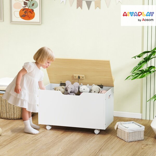 AIYAPLAY Baule portagiochi per bambini con ruote coperchio ribaltabile con cerniera di sicurezza design a nuvola Bianco e Naturale | Aosom Italy