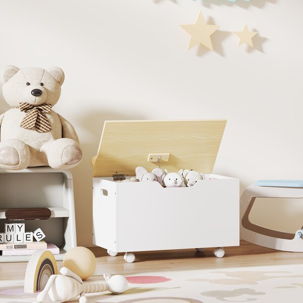 AIYAPLAY Baule portagiochi per bambini con ruote coperchio ribaltabile con cerniera di sicurezza design a nuvola Bianco e Naturale | Aosom Italy