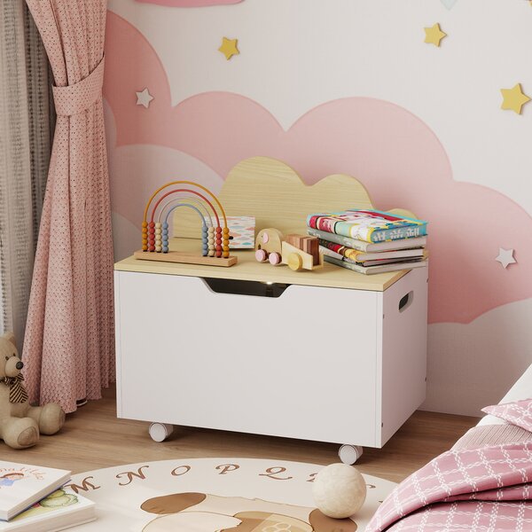 AIYAPLAY Baule portagiochi per bambini con ruote coperchio ribaltabile con cerniera di sicurezza design a nuvola Bianco e Naturale | Aosom Italy