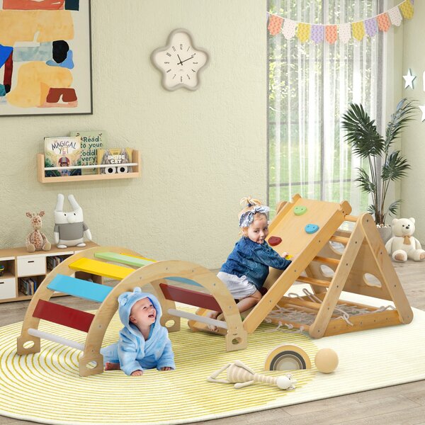 AIYAPLAY Set da arrampicata 7-in-1 per bambini, in legno con scivolo, Multicolore | Aosom Italy