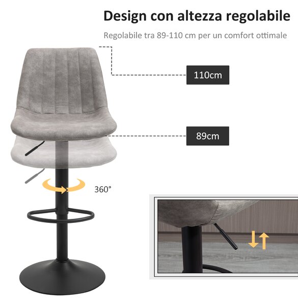 HOMCOM Set di 2 Sgabelli Alti con Schienale, Poggiapiedi, Base Rotonda in Metallo e Altezza Regolabile, in Microfibra, Grigio | Aosom Italy