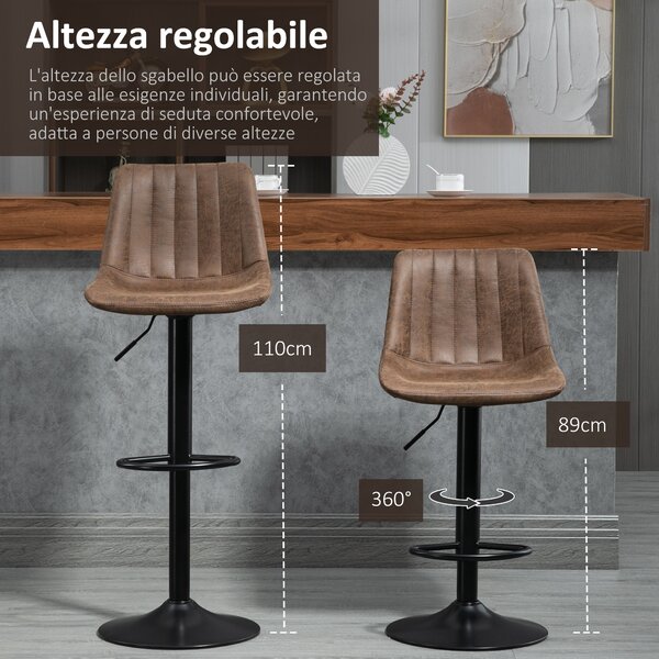 HOMCOM Set 2 Sgabelli da Bar in Stile Industriale con Schienale, Poggiapiedi e Altezza Regolabile, in Microfibra Marrone|Aosom
