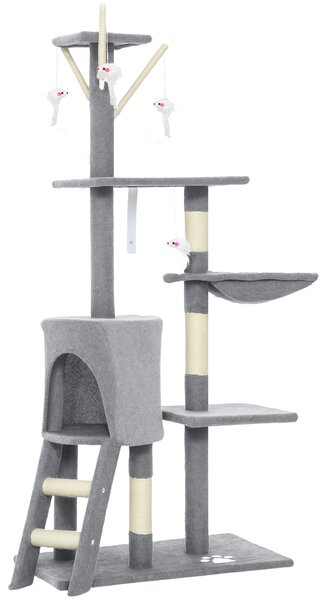 PawHut Tiragraffi per Gatti Alto 134 cm, Albero per Gatti Multilivello con 3 Pali Graffiatoi in Sisal, Grotta, Amaca, 4 Topolini Appesi, Piattaforme, Scala, Torre per Gattini 5 kg, in Peluche, Grigio | Aosom Italy