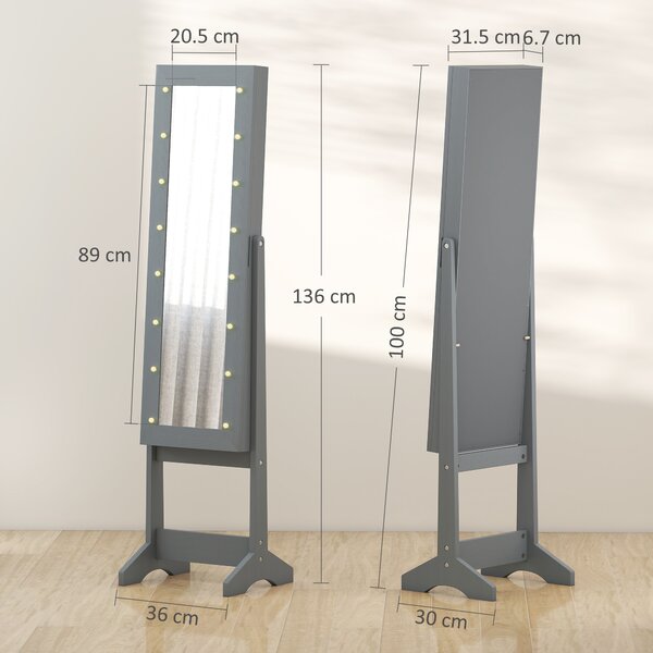 HOMCOM Portagioie LED da Terra con Specchio Intero Regolabile, Grigio | Aosom Italy