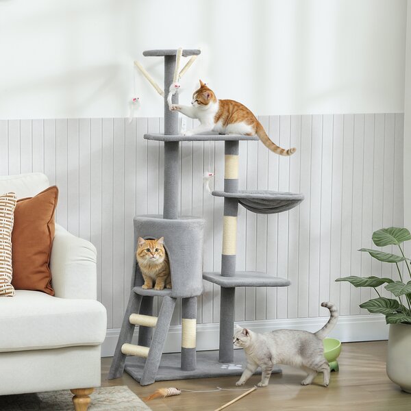 PawHut Tiragraffi per Gatti Alto 134 cm, Albero per Gatti Multilivello con 3 Pali Graffiatoi in Sisal, Grotta, Amaca, 4 Topolini Appesi, Piattaforme, Scala, Torre per Gattini 5 kg, in Peluche, Grigio | Aosom Italy