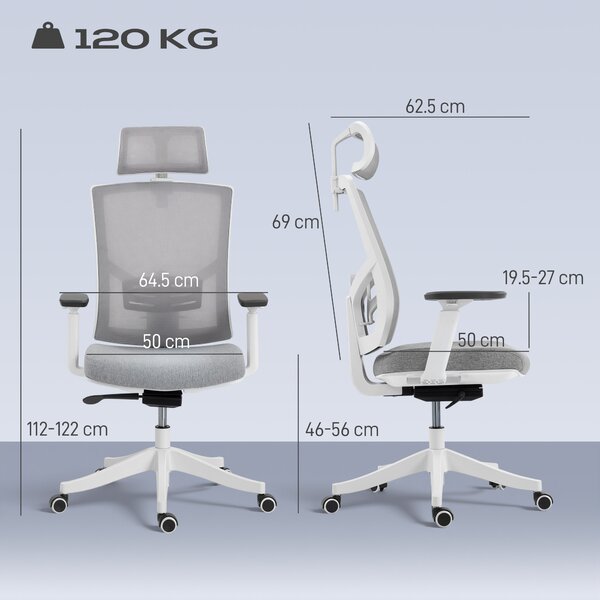 HOMCOM Sedia da Ufficio Ergonomica e Traspirante con Supporto Lombare Dinamico 4D, 64.5x62.5x112-122 cm, Grigio | Aosom Italy