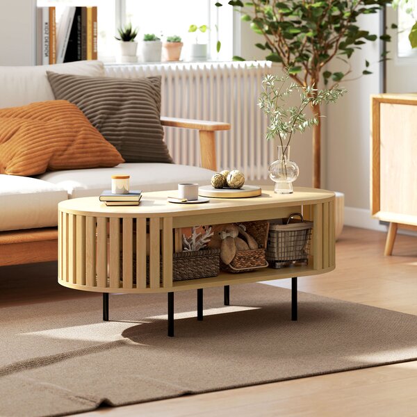 HOMCOM Tavolino ovale con vano contenitore, angoli arrotondati, design a listelli, 100 x 50 x 40 cm, Legno naturale | Aosom Italy