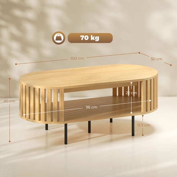 HOMCOM Tavolino ovale con vano contenitore, angoli arrotondati, design a listelli, 100 x 50 x 40 cm, Legno naturale | Aosom Italy
