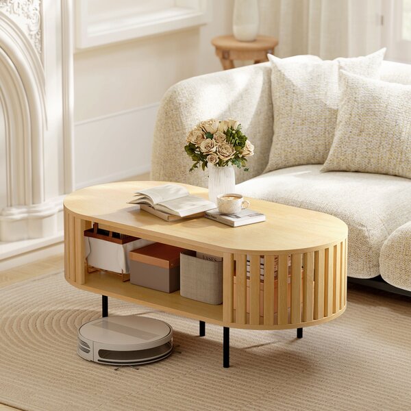 HOMCOM Tavolino ovale con vano contenitore, angoli arrotondati, design a listelli, 100 x 50 x 40 cm, Legno naturale | Aosom Italy