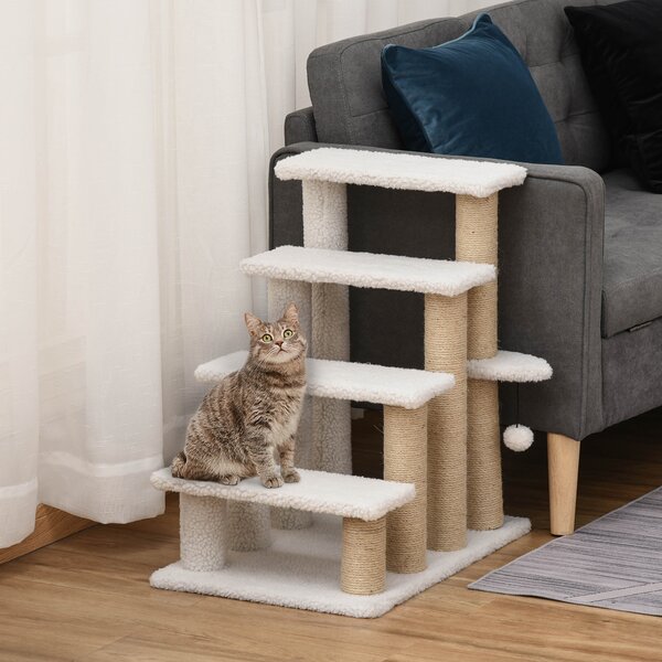PawHut Scaletta per Gatti a 4 Livelli Rivestita in Morbido Peluche Palo in Yuta Pallina Sospesa 60x40x64 cm Bianco | Aosom Italy