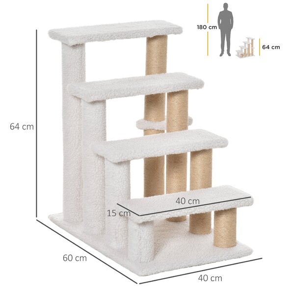 PawHut Scaletta per Gatti a 4 Livelli Rivestita in Morbido Peluche Palo in Yuta Pallina Sospesa 60x40x64 cm Bianco | Aosom Italy